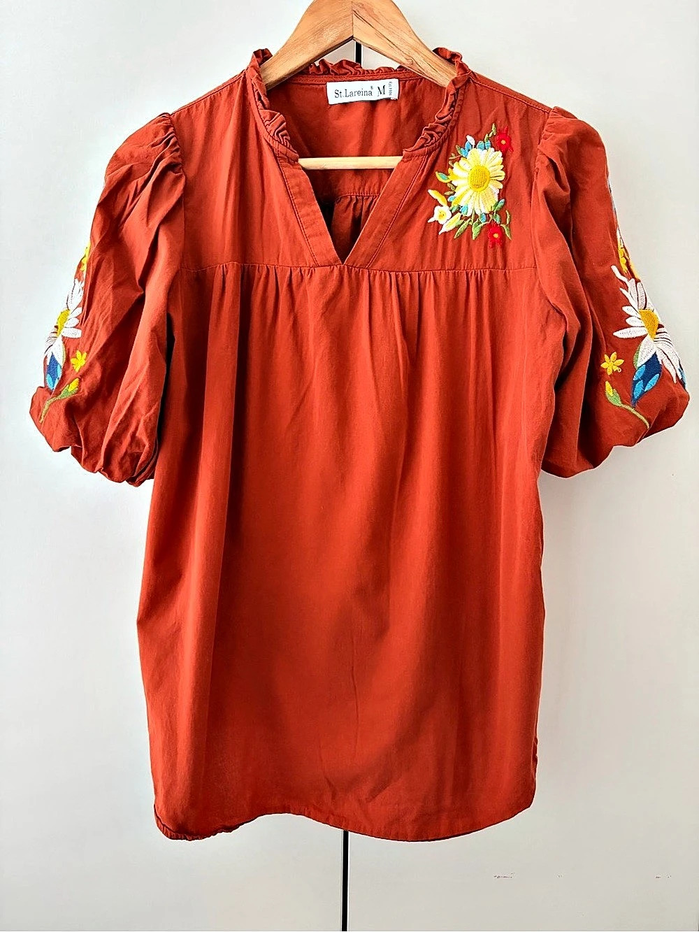 St. Lareina Embroidered Puff Sleeve Blouse in Orange Medium